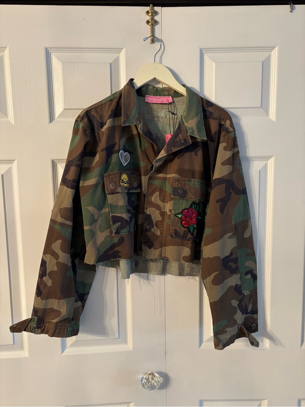 women’s Camo Cropped Jacket with Embroidered Rose - Green Camouflage